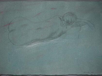 Female Nude Reclining On Right Side With Arms Forward, Back View